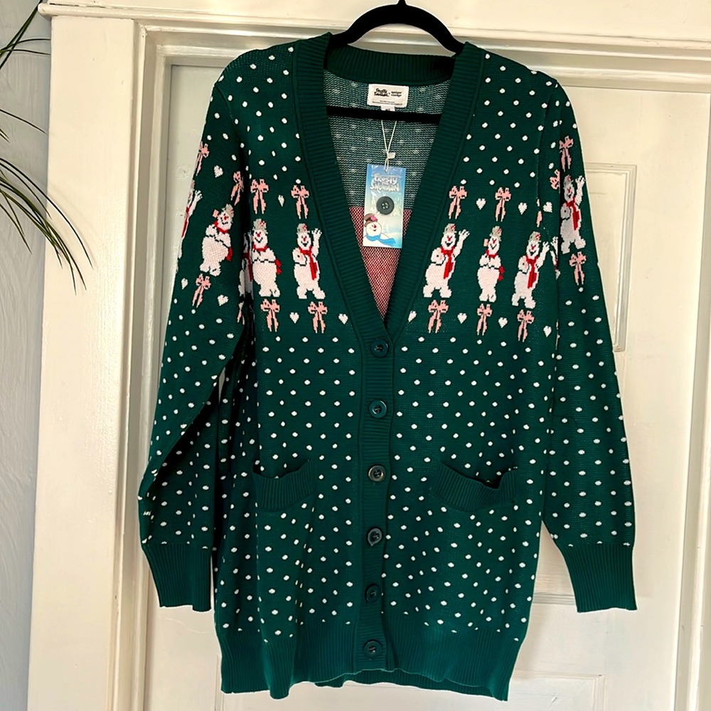 Unique Vintage Frosty Snowman M/L Sweater Green Button Up Pockets Winter NWT